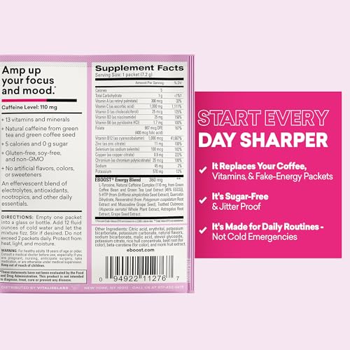 Image of EBOOST Super Powder Drink Mix - Pink Lemonade 0.2 oz 20 Pack Hydration Energizer Electrolytes Powder - 13 Vitamins & Minerals - 110 mg Caffeine - 0 Added Sugar - No Artificial Flavors or Sweeteners