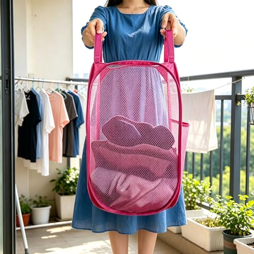 Image of Larpur Popup Laundry Basket, Collapsible Portable Mesh Clothes Washing Laundry Hamper with Reinforced Carry Handles (Pink)