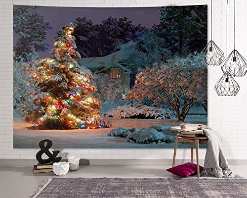 Winter Snow Christmas Tree Tapestry Wall Hanging Xmas Tree Winter Festival Wall Tapestry For Bedroom Aesthetic As Wall Art And Home Decor For Bedroom, Living Room, Dorm Decor 80X60 Inch(200X150 Cm) #TOP2