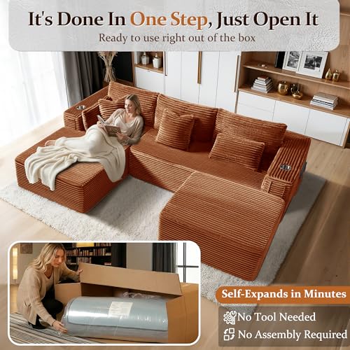 Image of 108 inch Cloud Sectional Couch, Comfort U Shaped Boneless Couch for Living Room, Extra Deep Seats No Assembly, Minimalist Modular Sofa, Corduroy (Deep Orange, 2 Seater+Right Facing Chaise+Ottoman)