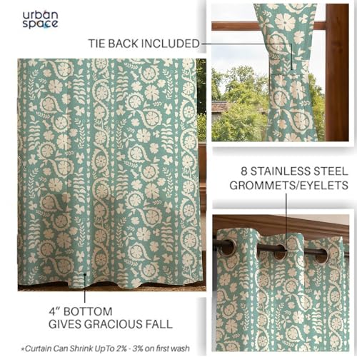 Image of Urban Space 100% Cotton Floral Curtains 5 Feet Long Set of 2, 60-65% Room Darkening, Decorative Curtains with Eyelets /Rings for Hanging, Tieback Included (Dhara Dusty Teal, Window - 5 Feet)