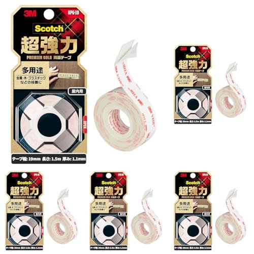 3M 両面テープ 超強力 多用途 幅19mm 長さ1.5m スコッチ KPG-19 小巻 プレミアゴールド (× 5)