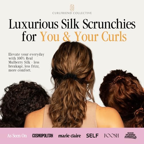 Image of Curlfriend Collective Onyx Midi Curly Hair Silk Scrunchies for Women, Black | 22 Momme Mulberry Silk Hair Ties for Curly, Coily, and Wavy Hair - Black, Pack of 4