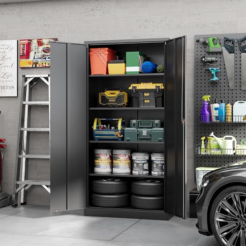 Image of Yizosh Metal Garage Storage Cabinet with Lock, 71 inch Locking Tool Cabinet with 2 Doors and 4 Shelves, Tall Steel Cabinet for Garage, Heavy Duty File Cabinet for Office, School (Black)