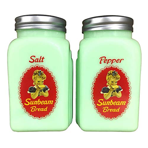 Rhyne & Son Sunbeam Bread Salt And Pepper Shakers - Mint Green Glass Vintage Logo Spice Dispensers