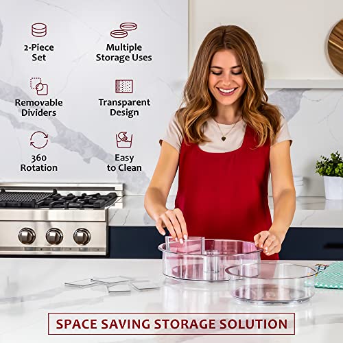 Clear Lazy Susan Organizer 12" & 9" Set - Lazy Susan For Refrigerator, Turntable For Cabinet With Removable Dividers, 12 Inch Pantry Lazy Susan, Plastic Turntable Organizer Solution - By Soveressence #TOP2