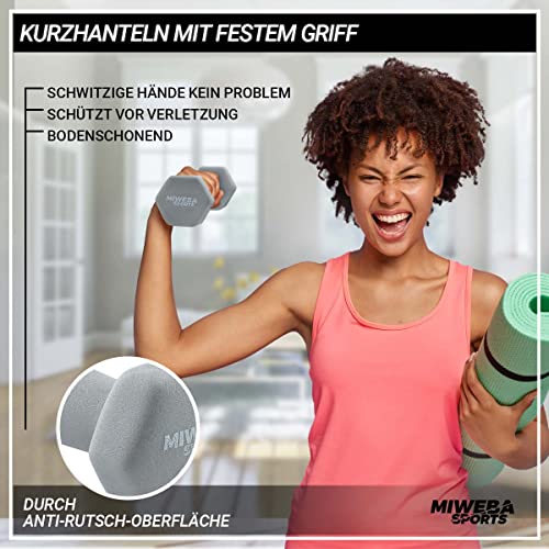 Miweba Sports Neopren Hantelset NKH120 | 𝐏𝐫𝐨𝐟𝐢 Hantel - Hexagon Hanteln Set - Kurzhanteln - Kurzhantel Set - Neoprenhantel - Hantelständer - Hantel - Dumbbell - 1-3kg (Grün/Türkis/Grau)
