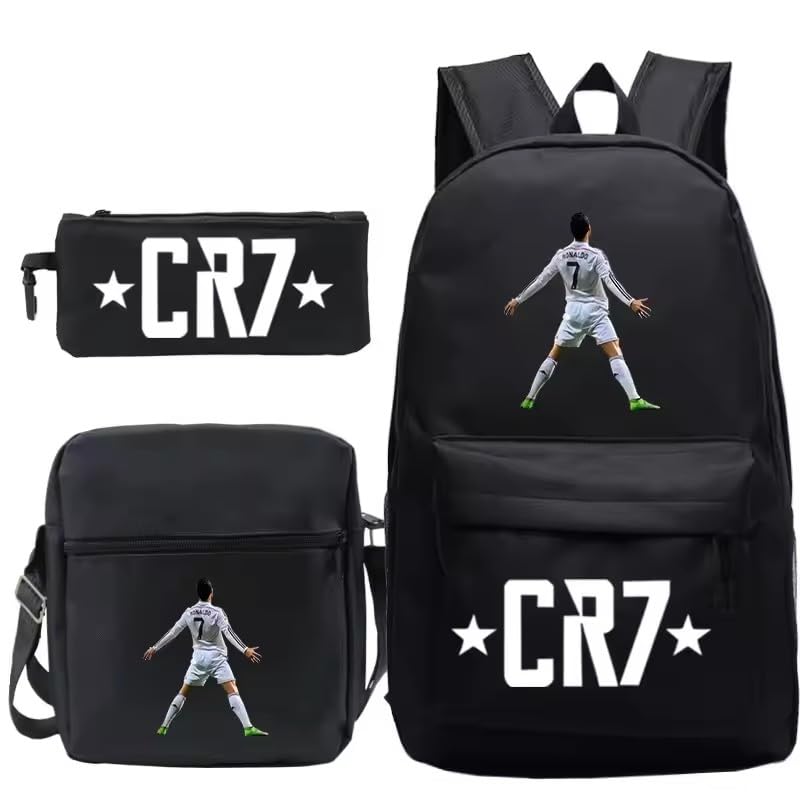 CR7 Mochila Escolar Leve para Adolescentes e Homens, 3 Peças, Bolso Interior, Compartimento para Computador, Estilo Simples (Preto 2)