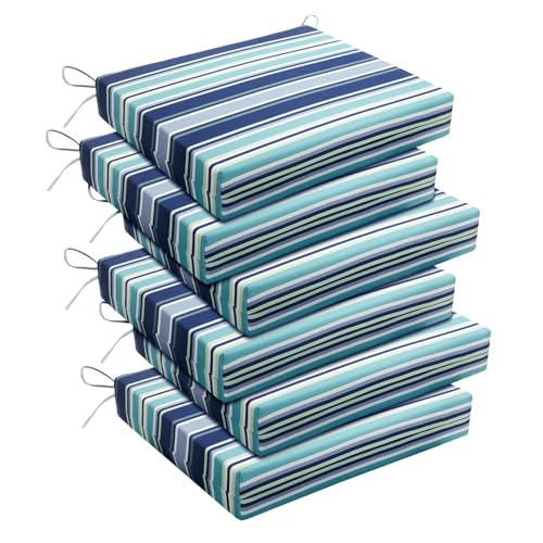 Image of Basic Beyond Outdoor Chair Cushions Set of 6, Square Corner Outdoor Cushions for Patio Furniture, Water Resistant Patio Chair Cushions with 2 Ties, 18.5x16x3, Pinstriped Blue