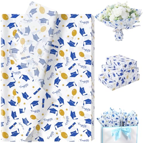 60 Sheets 2026 Graduation Tissue Paper 20x14 inch Graduate Cap Diploma Scroll Ballloons Patterns Gift Wrapping Paper for 2026 Graduate DIY Craft Graduation Party Supplies (Blue)