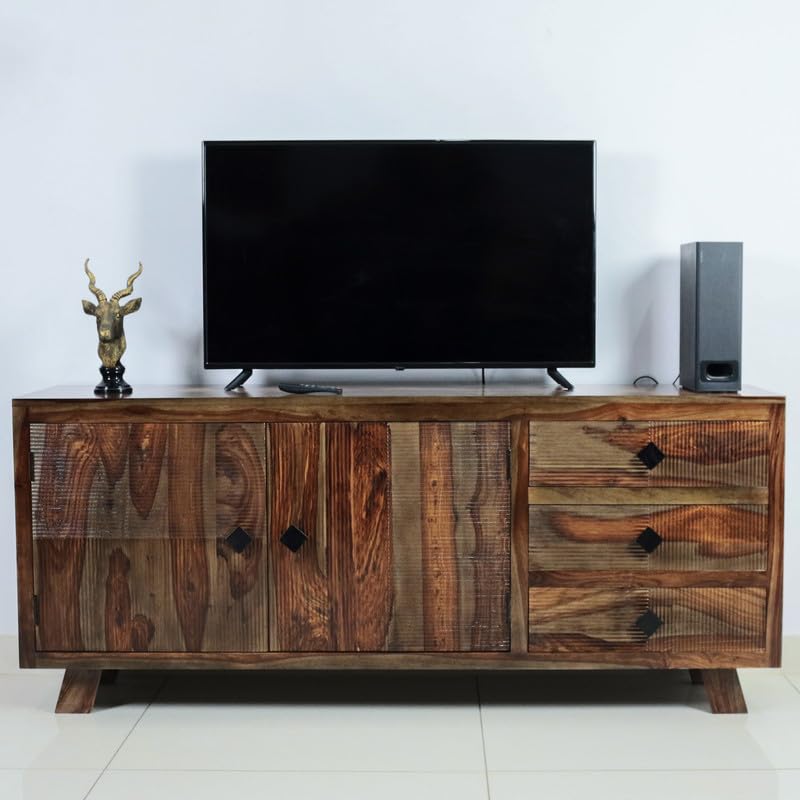 Solid Sheesham Wood TV Cabinet with Storage for Living Room Bedroom Home TV Entertainment Unit Console Table Furniture (Warmchest Finish)