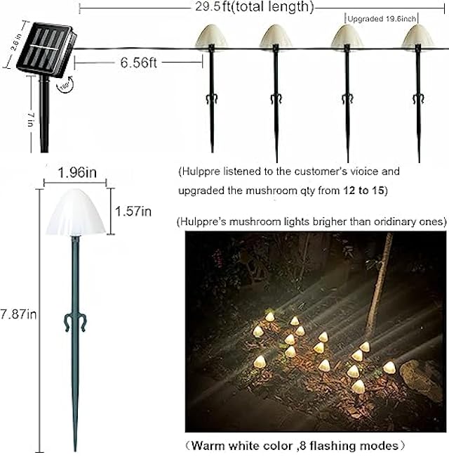 HULPPRE Mushroom Solar Lights-Set of 15pcs 29.5ft Fairy String Light,Warm White 8 Modes Outside Solar Pathway Lighting,Outdoor Decoration for Garden,Backyard,Lawn,Party,Christmas