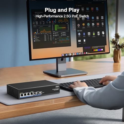 Image of 6-Port 2.5G PoE Switch Unmanaged, 4X 2.5GBase-T PoE Ports, 2X 10Gbps SFP, 4 Port PoE Switch 60Gbps Switching Capacity, Support IEEE802.3af /at, Metal Housing, Fanless, Desktop /Wall Mount 2.5Gbe Switch