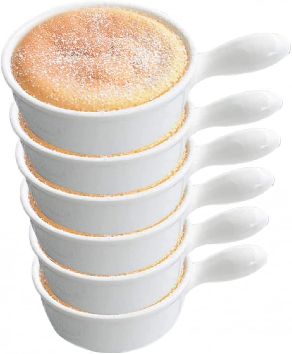 5 Oz Ramekins Bowls, 6 PCS White Small Oven Safe Sleek Porcelain Bakeware Set, for Baking and Cooking Pudding, Creme Brulee, Custard Cups and Souffle