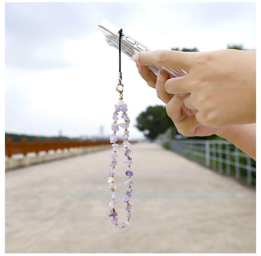 Colorful Handmade Beaded Phone Charm Natural Stone Gradient Gemstone Crystal Keychain Aesthetic Charms-Cute Cell Phone Accessories for Women Girls Lightweight Phone Lanyard Wrist Chain Strap-Amethyst