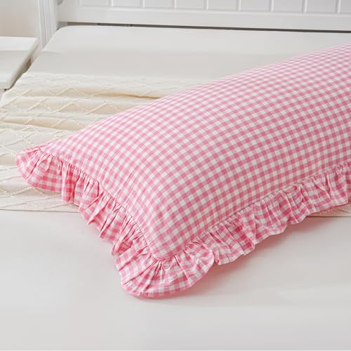 Pink/White Gingham Body Pillow Sham 20x54 inches, 100% Washed Cotton Ruffled Vintage Pillowcase Farmhouse Body Pillow Cover for Bed/Sofa