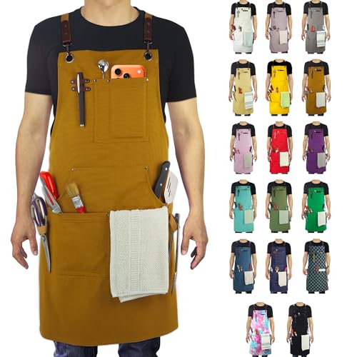 Stenffy Kitchen Apron, Work Apron, Canvas, Multiple Pockets, Gardening, Painting, BBQ, Artist, Carpenter, Sizes M to XXL, Khaki