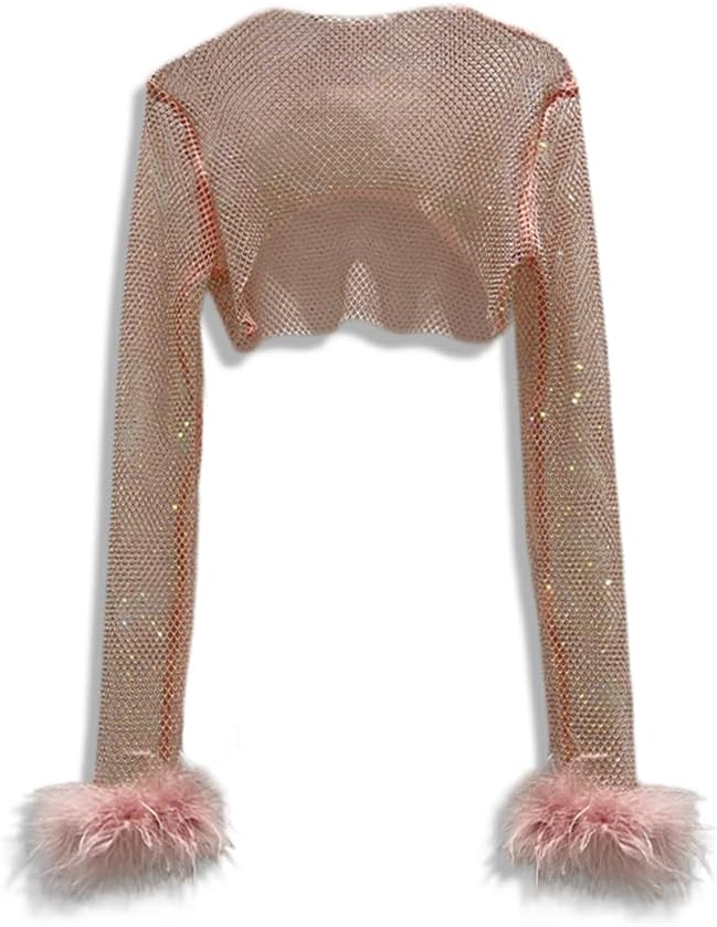 Women Rhinestone Crystal Crop Tops Feather Cuff Net Sheer Shiny Glitter Blouse T Shirt Party Clubwear, C820 Pink