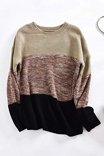 Lovezesent Womens Fashion Crewneck Long Sleeve Color Block Striped Ribbed Knitted Pullover Sweaters Jumper Tops 2020 Khaki Small