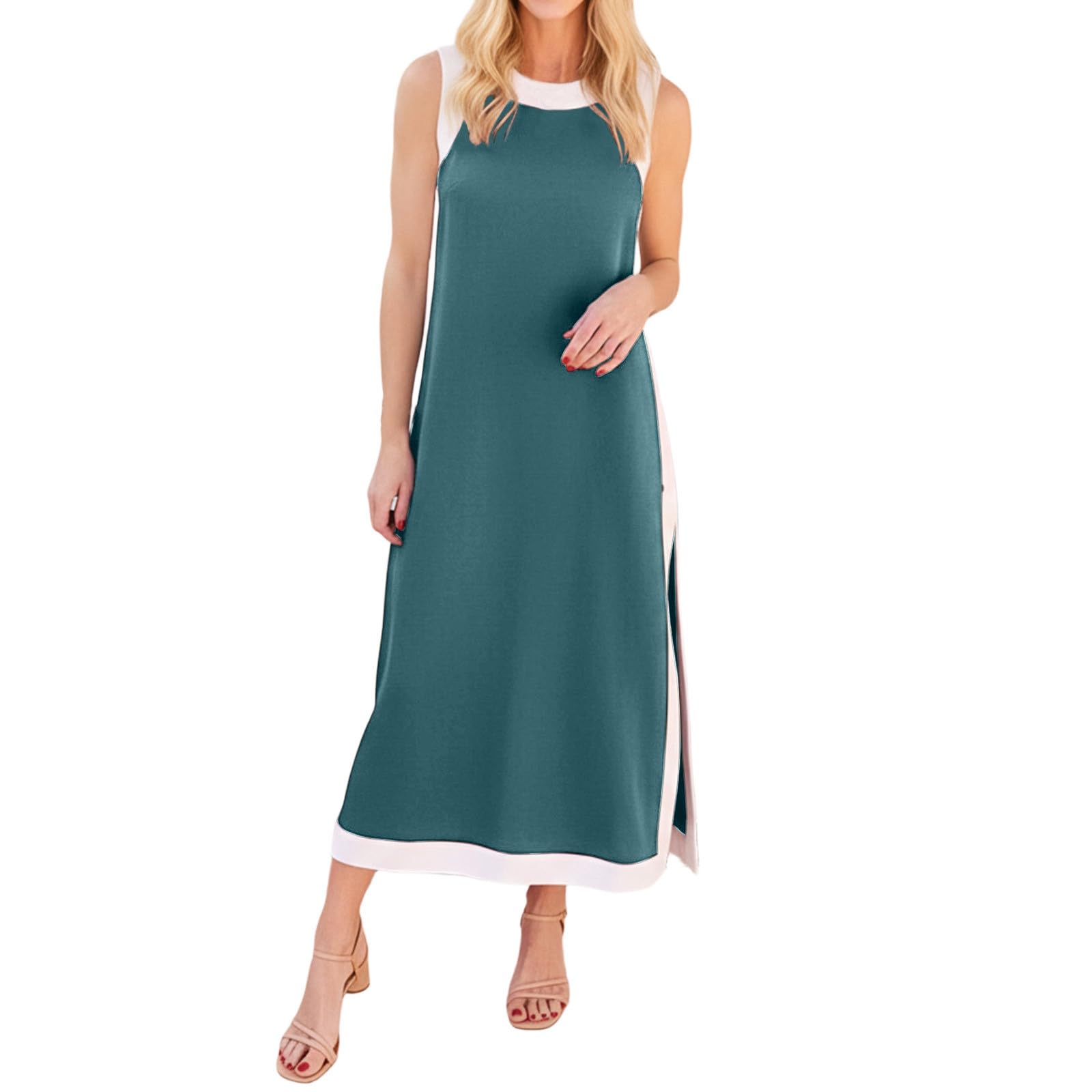 Generisch Combinaison d'été en lin pour femme, 2 pièces, col rond, débardeur et pantalon large avec poches, tenue de loisirs en coton, tenue respirante pour plage, voyage, bureau