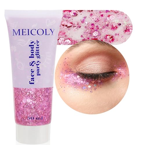 MEICOLY Pink Body Glitter Sparkly Hair Glitter for Kids Pink Accessories for Spirit Week Singer Concerts Lover Heart Halloween Face Glitter Makeup Self-Adhesive Mermaid Glitter Face Paint