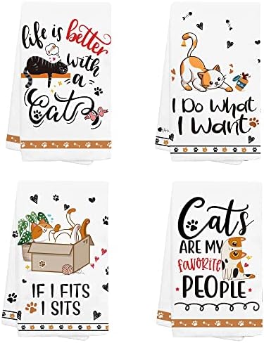 Hexagram Cat Funny Kitchen Towels Decorative Set of 4-Cat Lover Gifts for Women-Cat Lover Owners Mom Gifts-Housewarming Gifts-Cat Hand Towels for Kitchen-Cute Dish Towels-Tea Towel-Cat Kitchen Decor