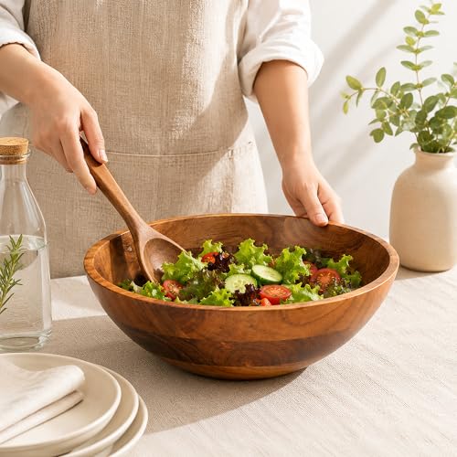 Image of Aanya Homecraft Acacia Wooden Salad Bowl | Serving Bowl | Mixing Bowl for Kitchen | Chef Decorative Bowl for Soup Serve-Ware & Snacks | 29x29x10 CM | Natural