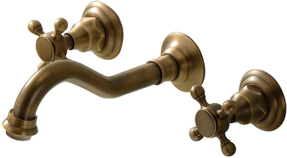 Beelee Wall Mount Double Handles 3 Hole Widespread Bathroom Sink Faucet Antique Brass Finish