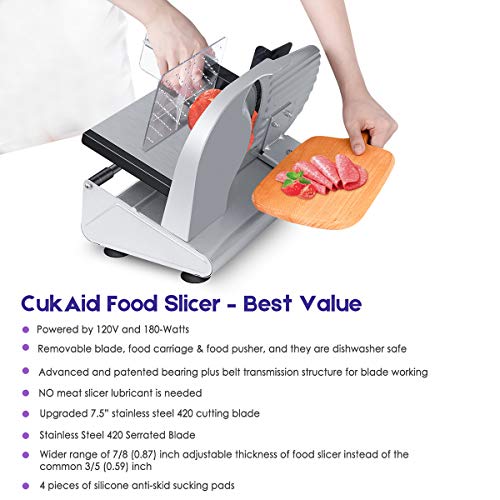 CukAid Electric Meat Slicer Machine, Deli Cheese Bread Food Slicer, Dishwasher Safe, Removable Stainless Steel Blade & Food Carriage and Pusher, 7/8 Inch Adjustable Thickness,180W - Thumbnail 6