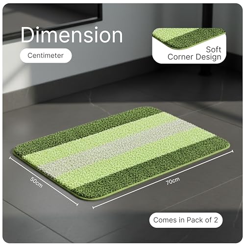 Image of Saral Home Microfiber Striped Rectangle Shaped Anti-Skid Bath Mats | Soft & Super Absorbent Mats for Shower | Washable, Non-Slip & Quick-Drying Mats, 50X70 CM | Set of 2(Turquoise & Green)