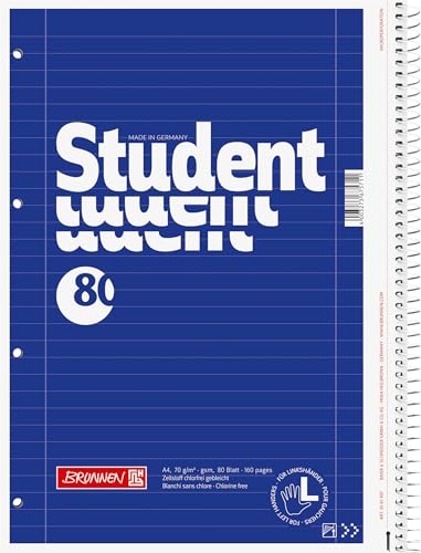 BRUNNEN Collegeblock Student Linkshänder | A4, Lineatur 27, 80 Blatt, blau