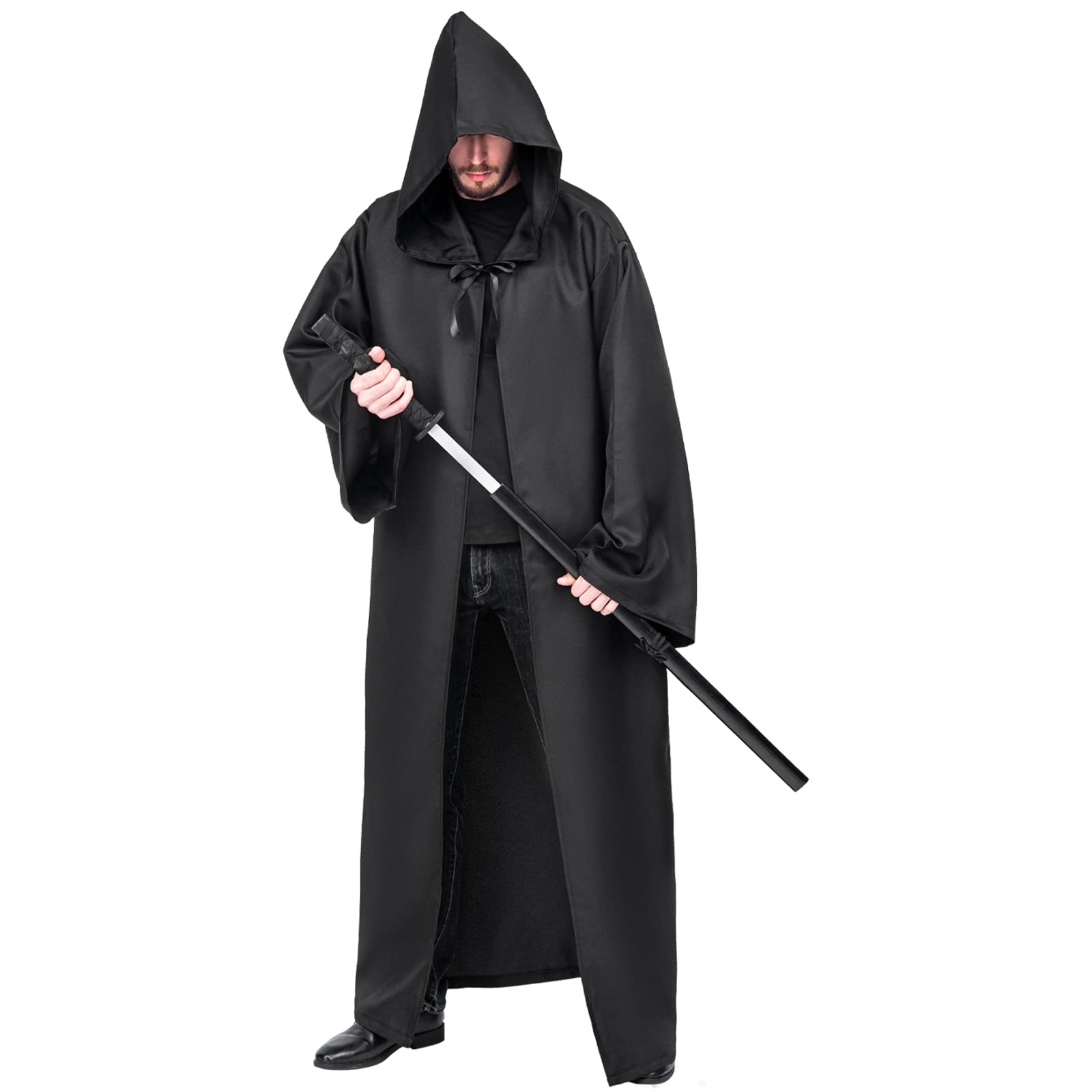 Myir JUN Mantello con Cappuccio per Adulti, Costume da Halloween Carnevale Robe Adulto Uomo Mantello Medievale Cosplay (XXL, Nero)