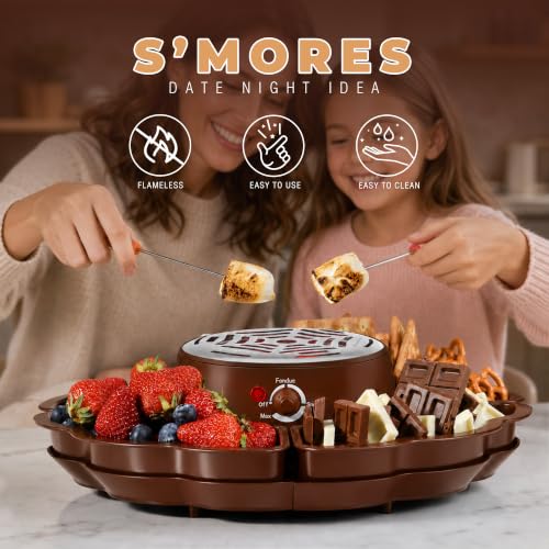 Image of 2 in 1 Electric S'mores Maker & Fondue Pot, Tabletop Indoor Smores kit with 4 Roasting Forks, 4 Detachable Trays & 1 Flameless Temperature-controlled Heater, Movie Night Supplies & Housewarming Gifts