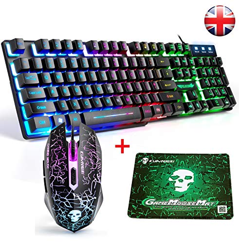 FELiCON T6 Claviers de Jeu Ensembles de Souris Rainbow LED Rétro-éclairé USB Ergonomique Multimédia Gamer Gaming Keyboard Mouse Combo Optical 2400DPI 6 Boutons + Tapis de Souris UK Layout(Noir)