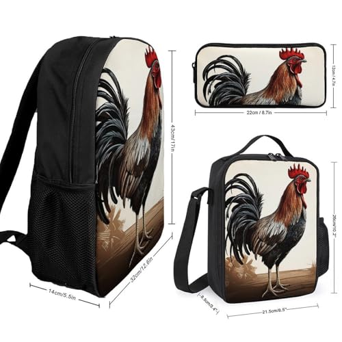 3 Piece Backpack for Women Men Lightweight Causal Daypack Shoulder Bag Set with Insulated Lunch Bag And Pencil Case Organizers Rooster2