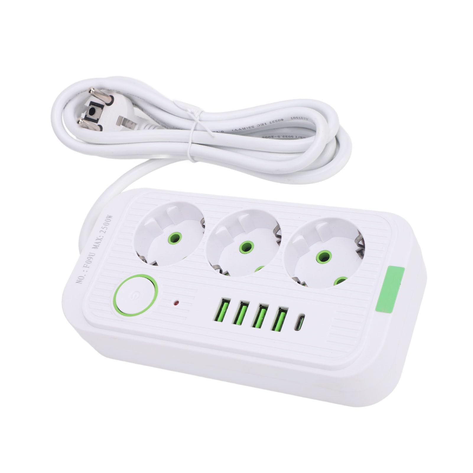 Regleta Europea con Toma de Corriente, Alargador de Enchufe con 3 Tomas, 4 USB y 1 USB C, Interruptor de Sobrecarga, Montaje en Pared, Cable de 2m, para Oficina, Dormitorio, (White)