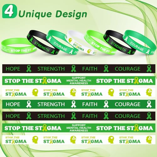 Leyndo Bulk Mental Health Awareness Bracelet Green Awareness Ribbon Silicone Bracelets with Inspirational Saying Disease Wristbands Hope Strength Faith Courage4