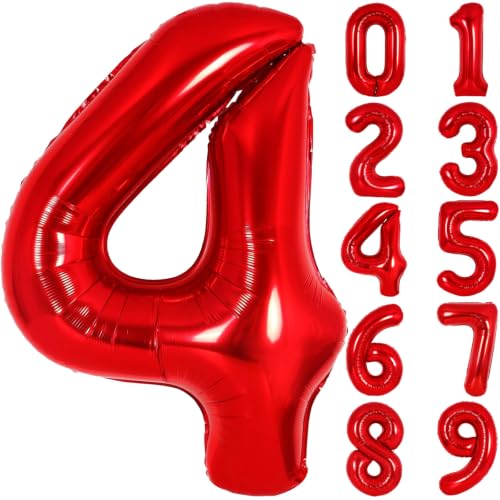 Image of Number Balloons Red Party Balloon - 40 Inch Large Number 4 Balloon, Numbers Balloon Birthday Decorations, Red Party Supplies for Anniversary
