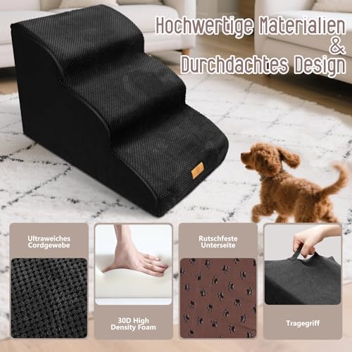 Thihome Hundetreppe für Kleine Hunde, Haustiertreppe 3 Stufen, Hochdichtem Schwamm Hundetreppen 40cm Hoch, Hunde Treppe mit Waschbarem Bezug, Rutschfestem Hunderampe für Bett & Sofa, Schwarz