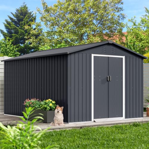 8x15 Ft Outdoor Storage Shed, Steel Utility Tool Shed with Sloped Roof & Lockable Door, Backyard Garden Patio Lawn Outdoor Shed for Organising Tools and Equipment in Yard, Garden, Grey