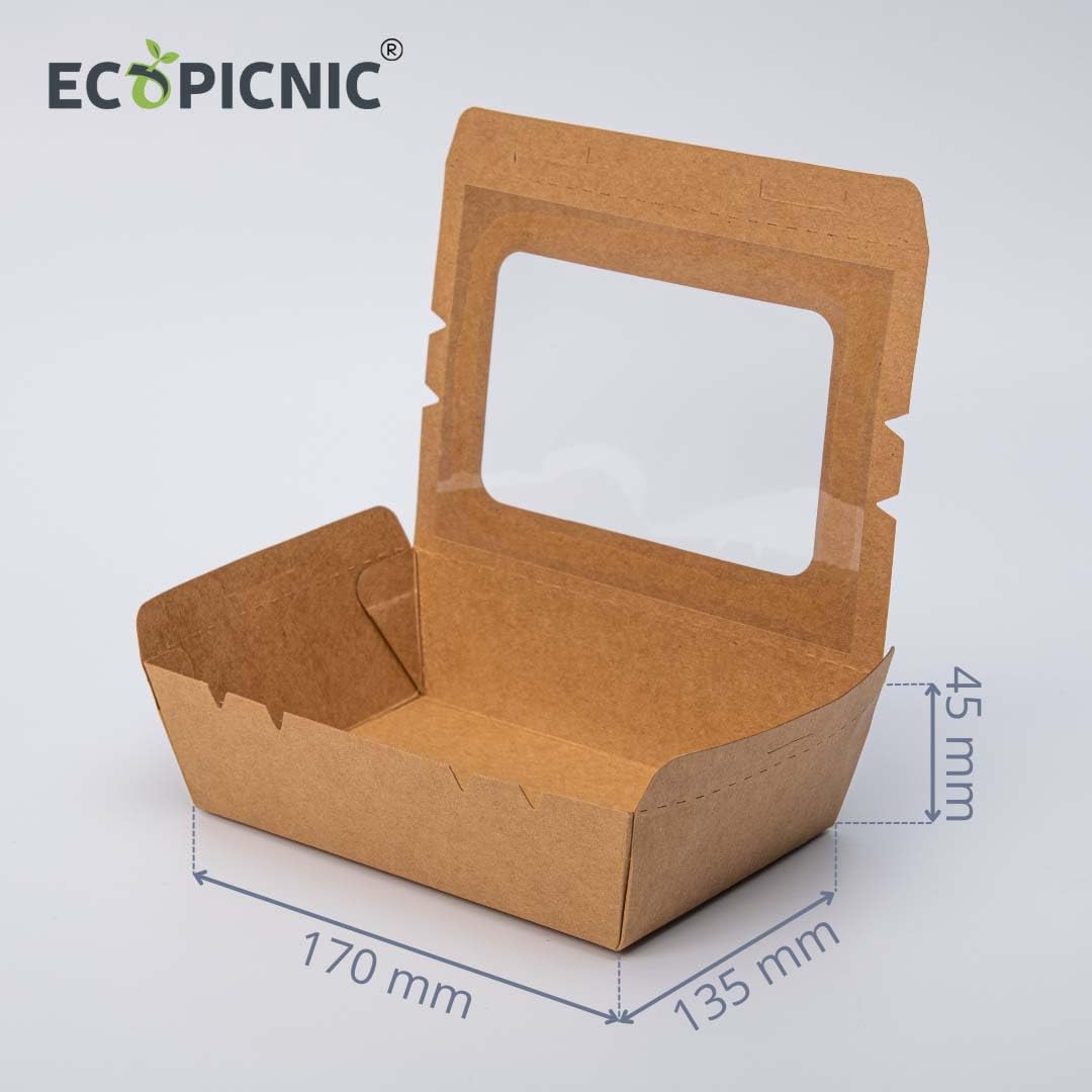 Scatole per Alimenti da Asporto 900 ml Carta Kraft con Finestra - Confezione da 100 Pezzi