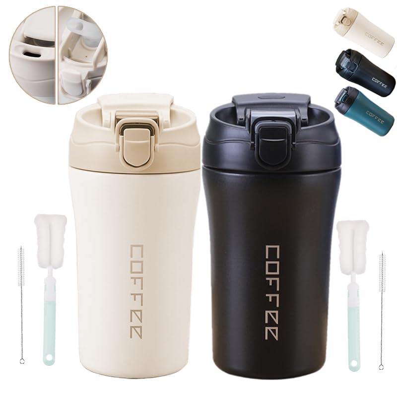 XIXIAMITravel Mug 2 Packs 400ml Insulated Cup for Coffee Hot and Cold Drinks Car Mug with Straws, Cleaning Brush Leakproof Thermal Stainless Steel Tumbler Birthday Gifts for Girls Boys