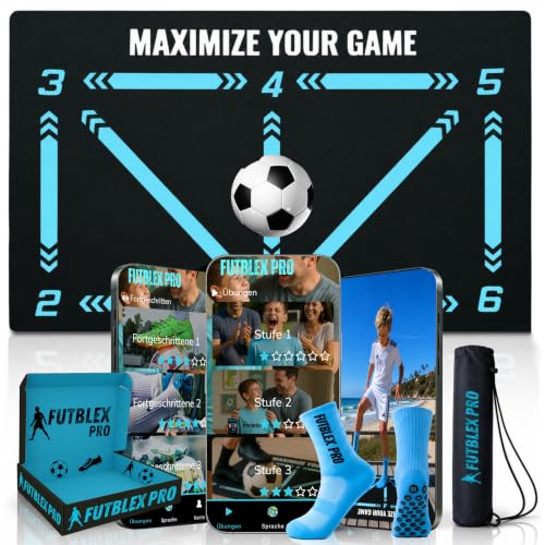 Fussball Matte mit App Inklusive Trainings App mit interaktiven Videos und progressiven Übungen + rutschfeste Socken Transporttasche und Premium-Geschenkbox.