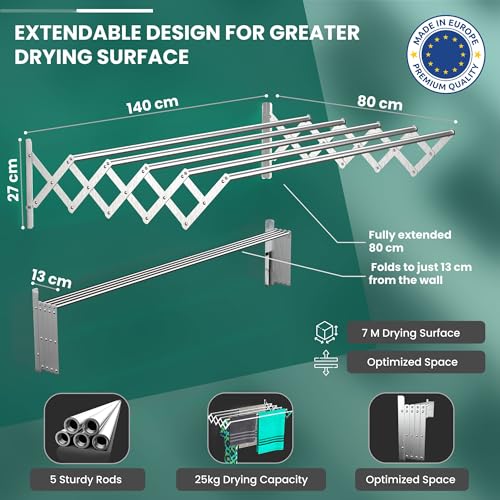 TEHORNEO Wall Mounted Clothes Airer 140 cm, Wall Mounted Clothes Line Aluminum, Wall Drying Rack, Wall Washing Line Foldable, Ceiling Airer - Space Saving Compact Design, 17 kg Capacity - Image 2
