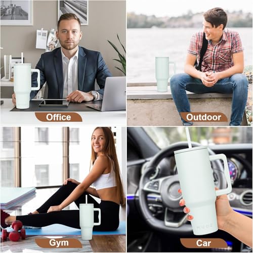 Image of MYOZ 1200ML Stainless Steel Water Mug with Handle, Lid, 2 Straws Leak-Proof Cupholder Tumbler for Gym, Travelling- Spill-Proof 40 oz Bottle (Lime Pistachio)