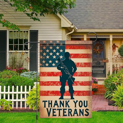 Image of Nuxovilar Thank You Veterans Garden Flag Soldier 12x18 Polyester | Patriotic Flag, Military Banner thank you veterans flag, soldier silhouette lawn, patio, porch (Soldier Salute)