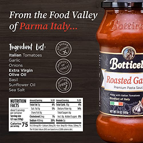 Roasted Garlic Premium Pasta Sauce by Botticelli, 24oz - No Added Sugar - Whole30 Approved - Keto Friendly - Gluten Free - Product of Italy