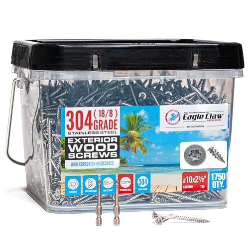 Image of #10 x 2 1 /2 Inch Stainless Steel Deck Screws | 304 Grade (1750 Pack) | Flat Head T25 Star Torx Drive | Stainless Steel Screws by Eagle Claw Fasteners | Corrosion & Rust Resistant (2 Drivers Included)