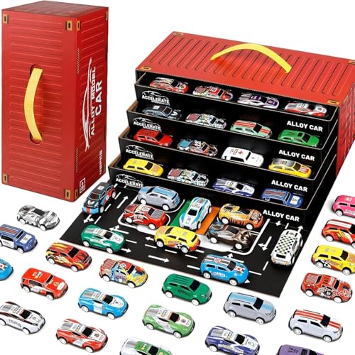 Image of Hamsa 48 Pcs Pull Back Die-Cast Metal Toy Car Set with Container Storage Box & Play Mat | Mini Alloy Racing Cars for Kids Boys & Girls 3+ Years | Educational Toy Vehicles & Party Favors Car