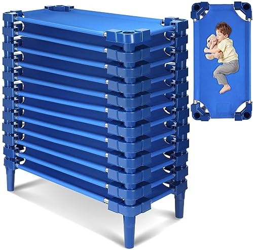 Leinuosen 12 Pcs Daycare Cots for Kids, Stackable Kids Cots for Sleeping Stackable Toddlers Nap Cots 47″ Preschool Daycare Rest Cots (Blue)